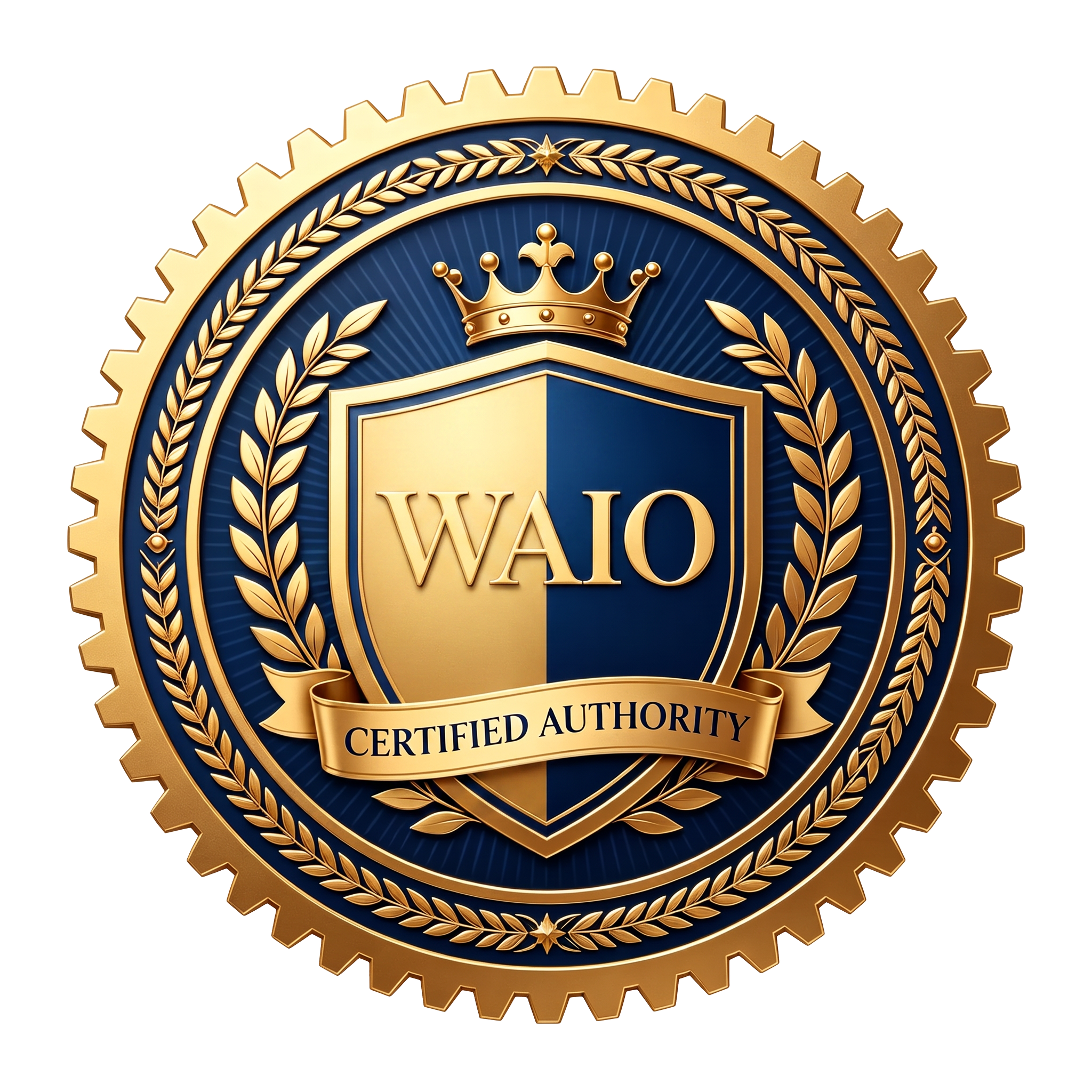 WAIO 认证体系徽章（金色齿轮与月桂环绕的蓝金盾徽）